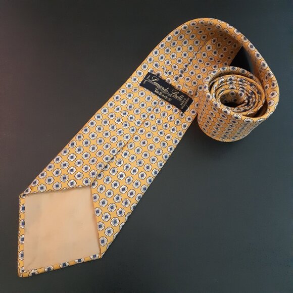 Leonardo Strelli Tie Rack 100% Silk Tie Golden Yellow w/ White & Blue Pattern - Picture 2 of 12
